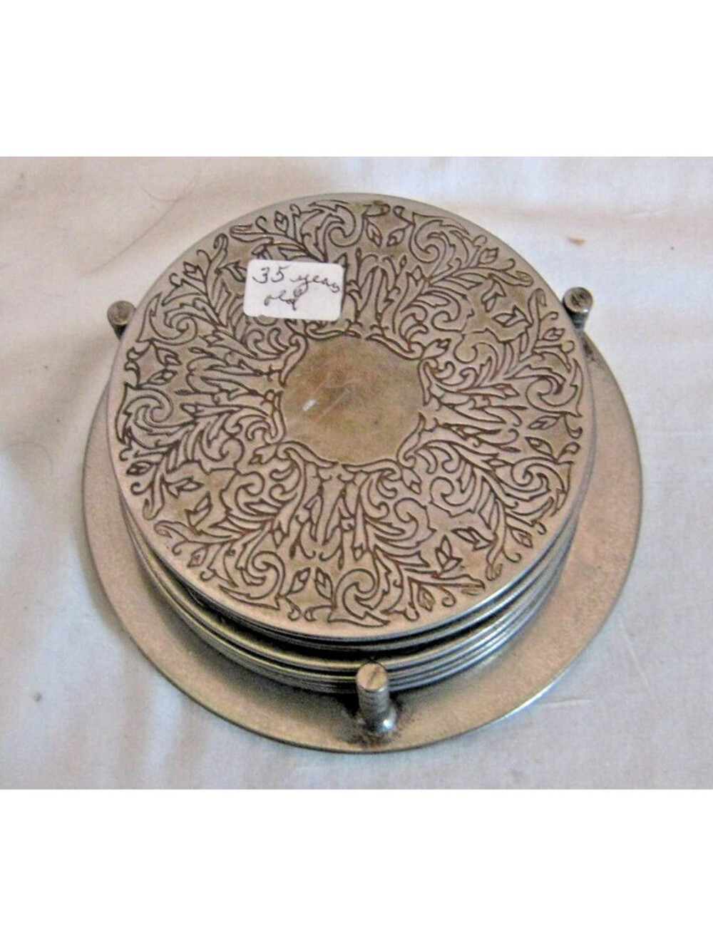 Coaster Set Embossed Silver-Plate with Green Vinyl Bottom 6 + Holder